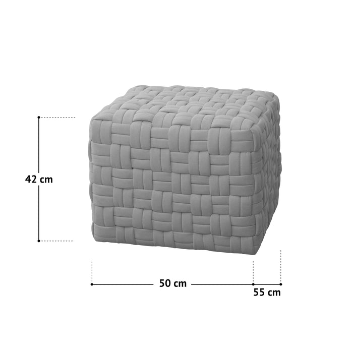 Grau gepolsterter Hocker mit gewebtem Muster, Maße 42 cm Höhe, 50 cm Breite, 55 cm Tiefe