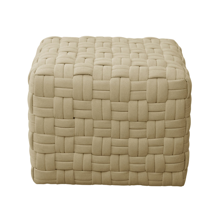 Beiger Hocker mit gepolstertem, gewebtem Muster in quadratischer Form Frontalansicht