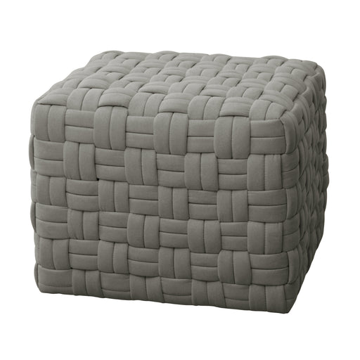 Grauer Hocker mit gepolstertem, gewebtem Muster in quadratischer Form