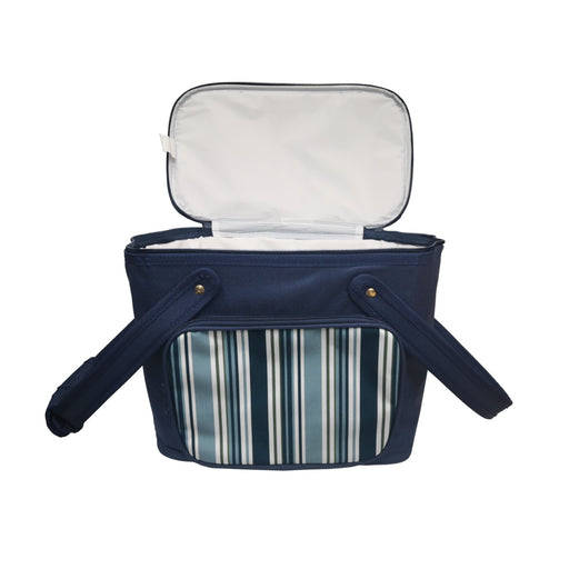 Blaue SVITA Kühltasche mit geöffnetem Deckel und gestreifter Fronttasche