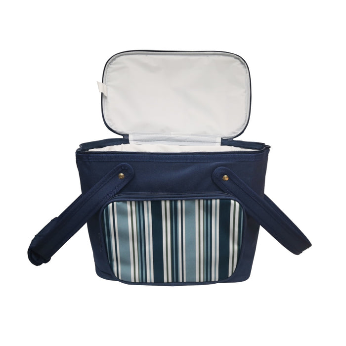 Blaue SVITA Kühltasche mit geöffnetem Deckel und gestreifter Fronttasche