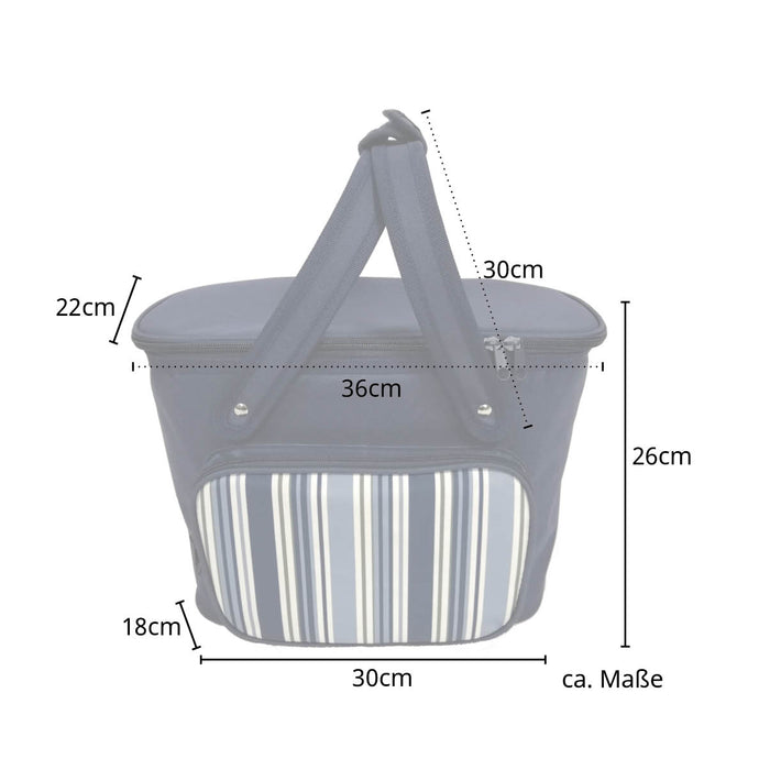 Blaue Kühltasche mit gestreiftem Frontfach, Maße: 36 cm breit, 26 cm hoch, 22 cm tief, Basis 30x18 cm, Henkel 30 cm lang