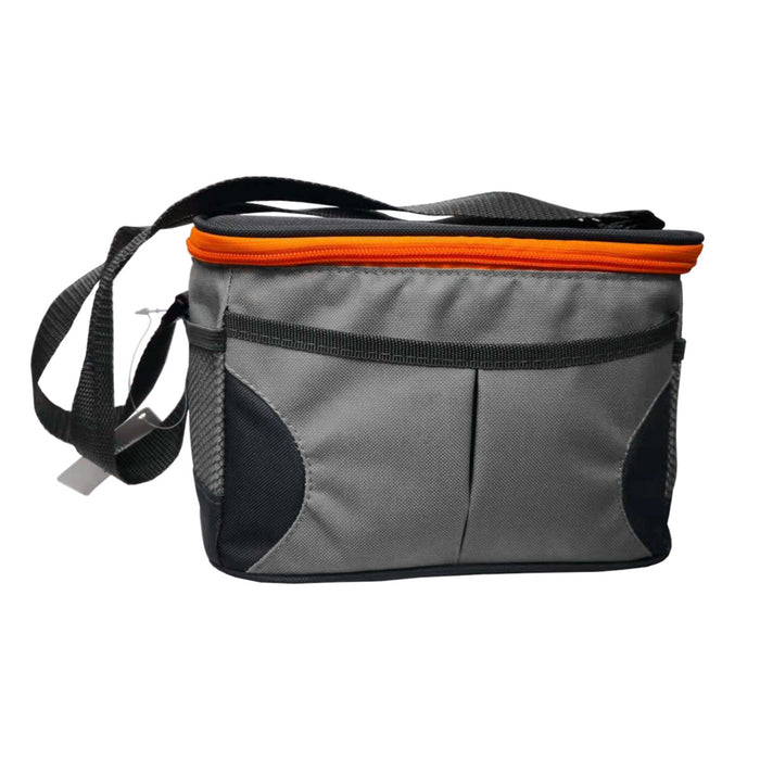 Graue Kühltasche mit schwarzem Schultergurt und orangefarbenem Reißverschluss