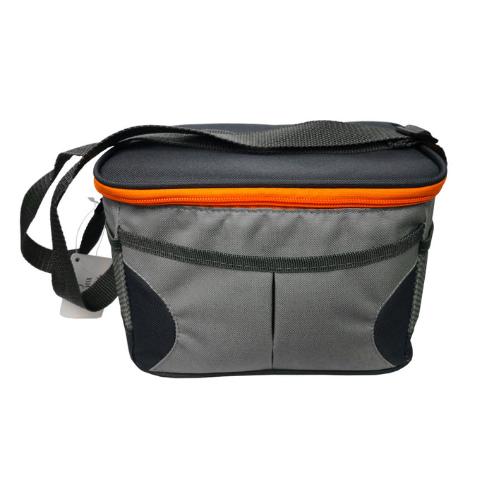 Graue Kühltasche mit schwarzem Deckel, orangefarbenem Reißverschluss und verstellbarem Schultergurt