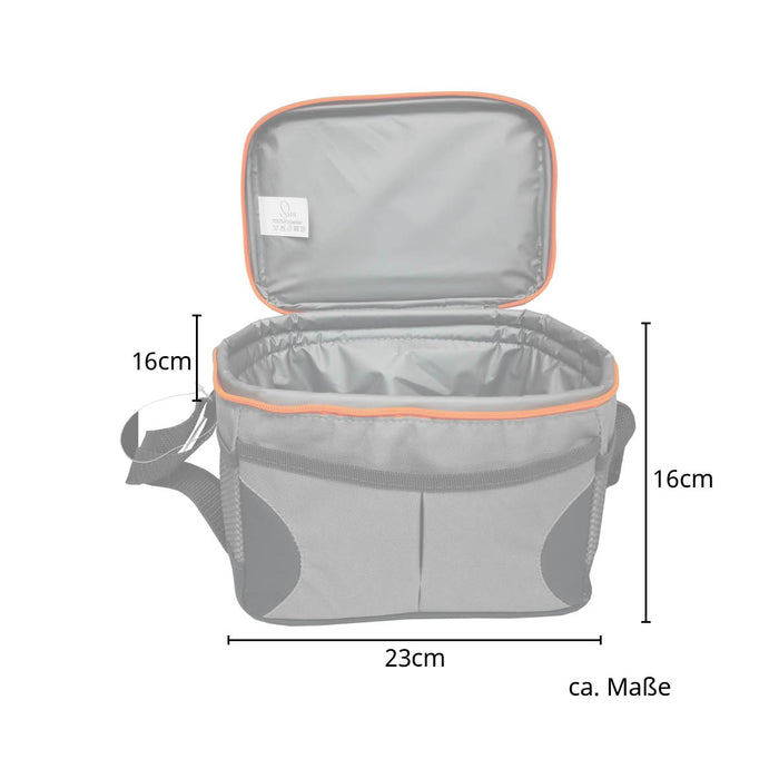 Graue SVITA Kühltasche mit geöffnetem Deckel, Maße 23 cm breit, 16 cm hoch und 16 cm tief, orangefarbener Rand