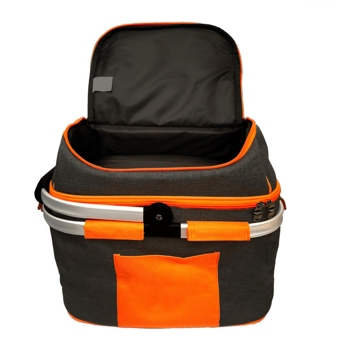 Grauer und orangefarbener Picknickkorb mit offenem Deckel und Aluminiumgriffen