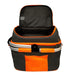 Grauer und orangefarbener Picknickkorb mit offenem Deckel und Aluminiumgriffen