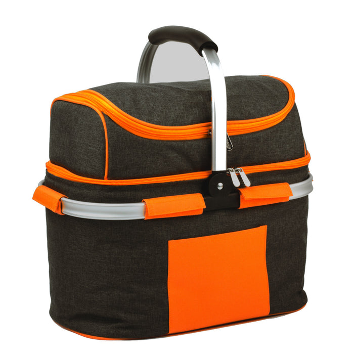 Grauer Picknickkorb mit orangefarbenen Reißverschlüssen, Griff und Fronttasche, Aluminiumrahmen
