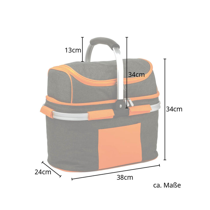 Grauer Picknickkorb mit orangefarbenen Akzenten und Maßen: 38 cm breit, 24 cm tief, 34 cm hoch, Griffhöhe 13 cm