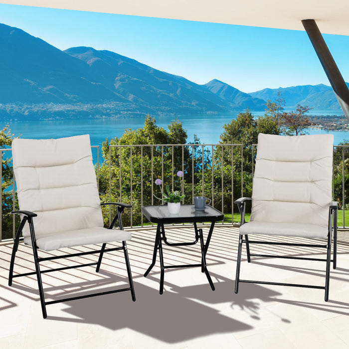 SVITA Ventura Sitzgruppe mit zwei beigefarben gepolsterten Stühlen und kleinem schwarzem Tisch auf Balkon mit Berg- und Seeblick