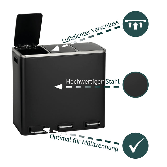 SVITA TM2X30L 3-fach Mülltrennsystem in Schwarz, Illustration Hinweise luftdichter Verschluss, hochwertiges Material, optimal für Mülltrennung