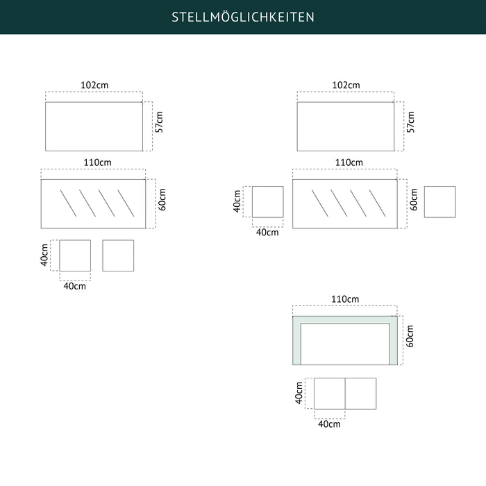 Stellmöglichkeiten der 2-in-1 Sitzgruppe mit Sofa und Hockern oder als Essgruppe mit Tisch, Bank und zwei Hockern