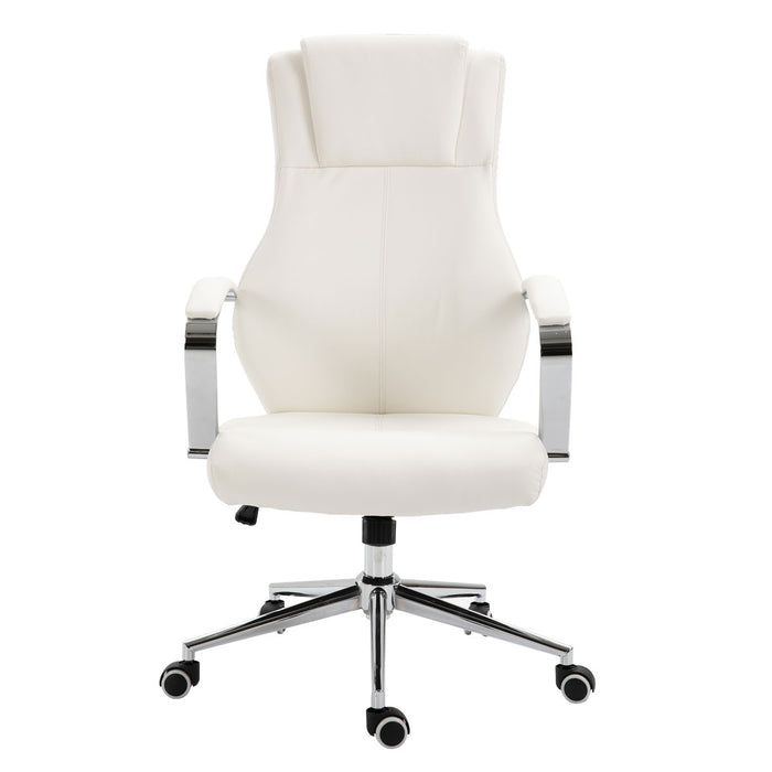 Weißer ergonomischer Bürostuhl mit gepolsterten Armlehnen und verchromtem Fußkreuz auf Rollen Frontalansicht