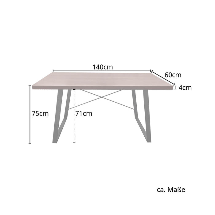 Skizze eines dunkelbraunen Schreibtisches mit Maßen: 140 cm Länge, 60 cm Breite, 4 cm Tischplattenstärke, 75 cm Gesamthöhe, 71 cm Beininnenhöhe