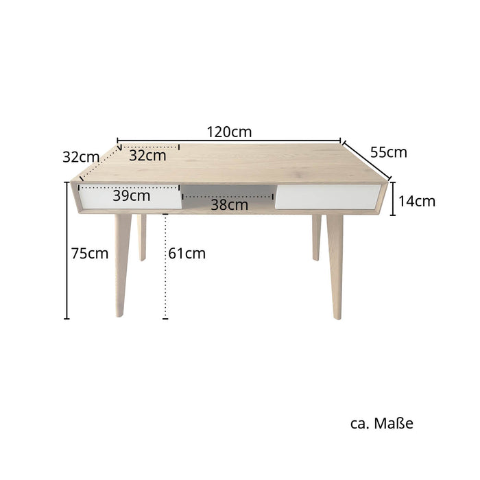 Schreibtisch mit zwei Schubladen, Maße: 120 cm lang, 55 cm breit, 75 cm hoch, Schubladen 39 cm breit und 14 cm hoch, Beinlänge 61 cm