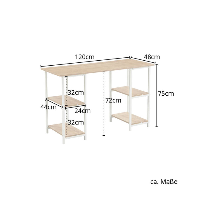 SVITA STUDIO Schreibtisch mit Maßen: 120 cm lang, 48 cm breit, 75 cm hoch, zwei Regalböden links und rechts 44x24 cm, jeweils 32 cm Abstand, 72 cm zwischen Tischplatte und Boden