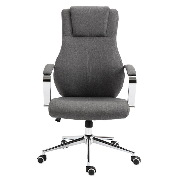 Dunkelgrauer ergonomischer Bürostuhl mit gepolsterten Armlehnen und verchromtem Fußkreuz auf Rollen Frontalansicht