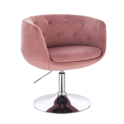 Drehbarer Cocktailsessel mit rosa Samtbezug, gepolsterter Rückenlehne und verchromtem Rundfuß