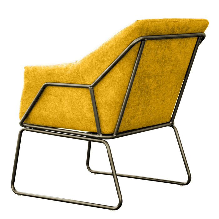 Rückansicht Moderner Sessel mit gelbem Polster und schwarzem Metallgestell in kantigem Design, das hinten und an den Seiten offen sichtbar ist