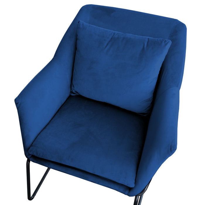 Blauer gepolsterter Sessel mit schwarzem Metallgestell und Samtbezug mit zwei Kissen
