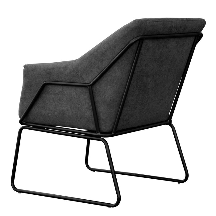 Rückansicht Moderner Sessel mit dunkelgrauem Polster und schwarzem Metallgestell in kantigem Design, das hinten und an den Seiten offen sichtbar ist