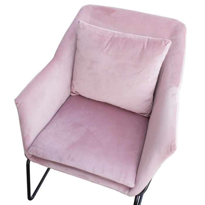Rosa gepolsterter Sessel mit schwarzem Metallgestell und Samtbezug mit zwei Kissen