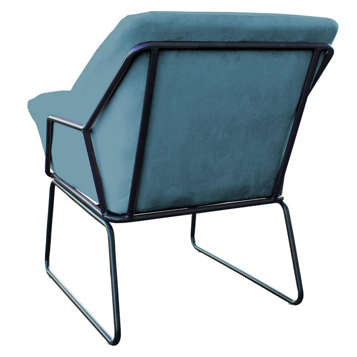 Rückansicht Moderner Sessel mit petrolfarbenem Samtpolster und schwarzem Metallgestell in kantigem Design, das hinten und an den Seiten offen sichtbar ist
