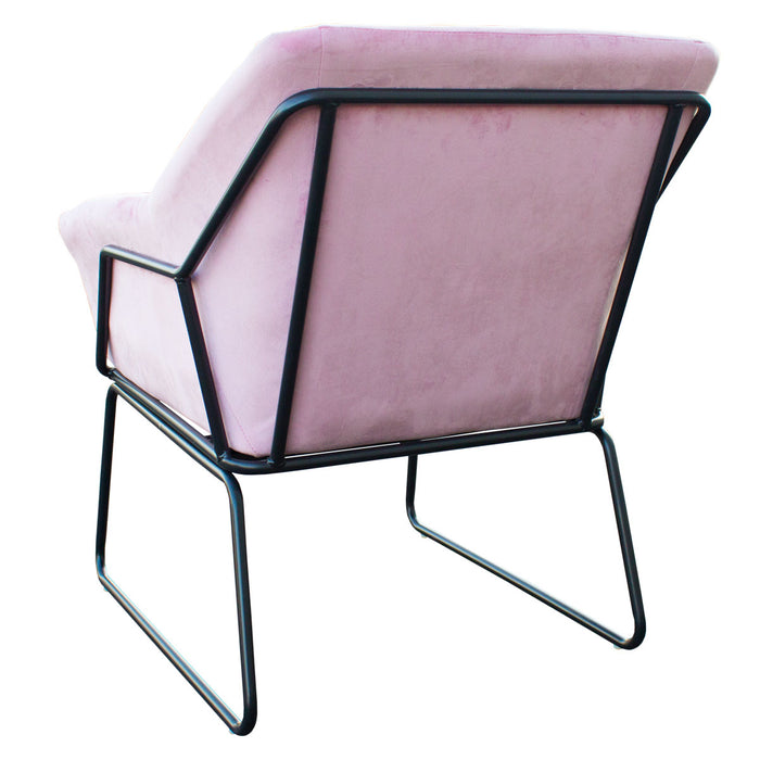 Rückansicht Moderner Sessel mit rosa Samtpolster und schwarzem Metallgestell in kantigem Design, das hinten und an den Seiten offen sichtbar ist