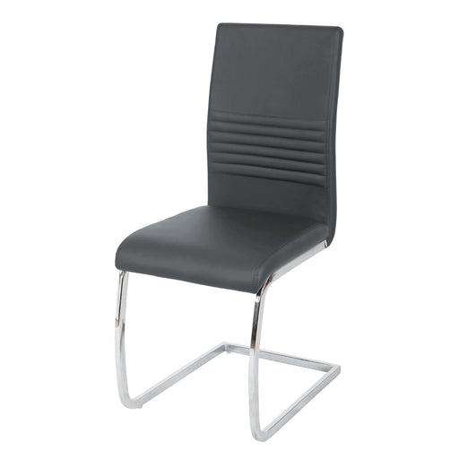 Moderner grauer Freischwinger Stuhl mit gepolstertem Sitz und Rückenlehne, verchromtes Metallgestell