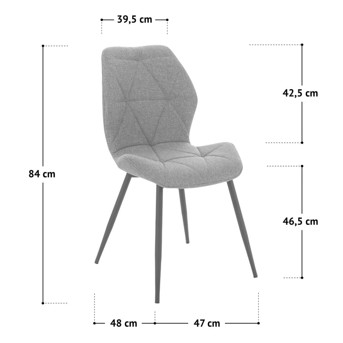 Grauer gepolsterter Stuhl mit schwarzen Metallbeinen, Maße: Höhe 84 cm, Sitzhöhe 46,5 cm, Breite 47 cm, Tiefe 48 cm, Rückenlehnenhöhe 42,5 cm, Rückenbreite 39,5 cm