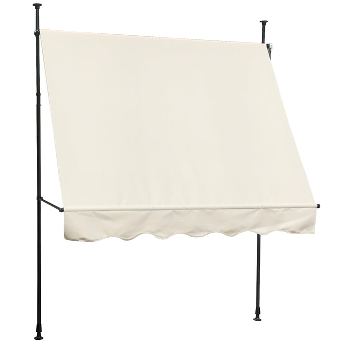 Beige Klemmmarkise mit Metallgestell, schräg gespannt, mit Wellenkante am unteren Rand