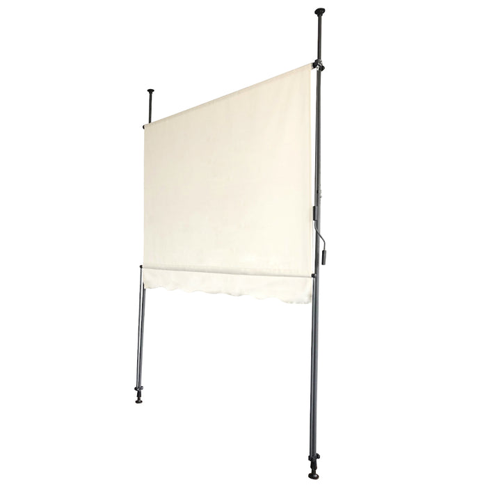 Beige Klemmmarkise mit Metallgestell, eingeklappt, mit Wellenkante am unteren Rand
