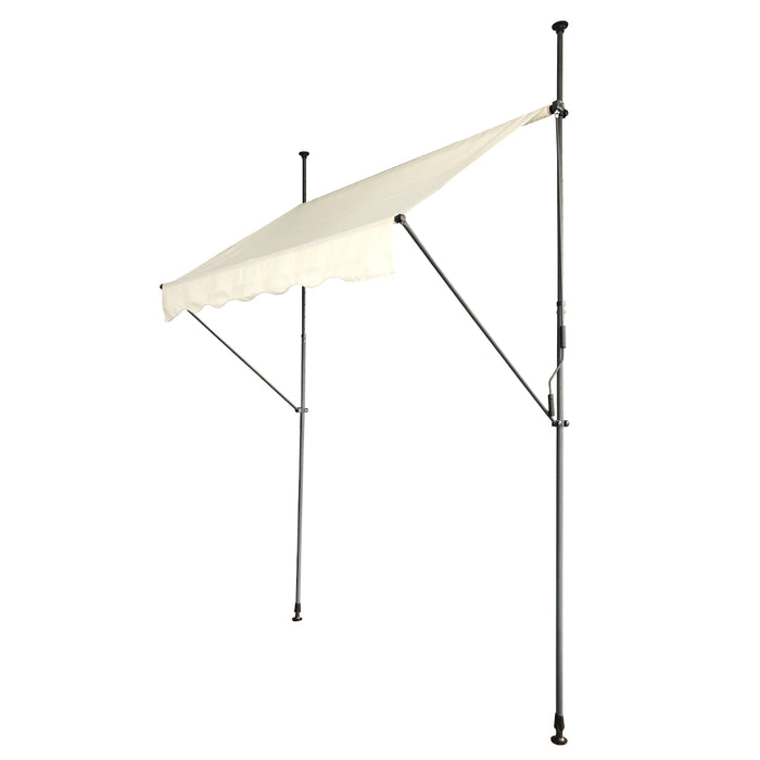 Beige Klemmmarkise mit Metallgestell, schräg gespannt, mit Wellenkante
