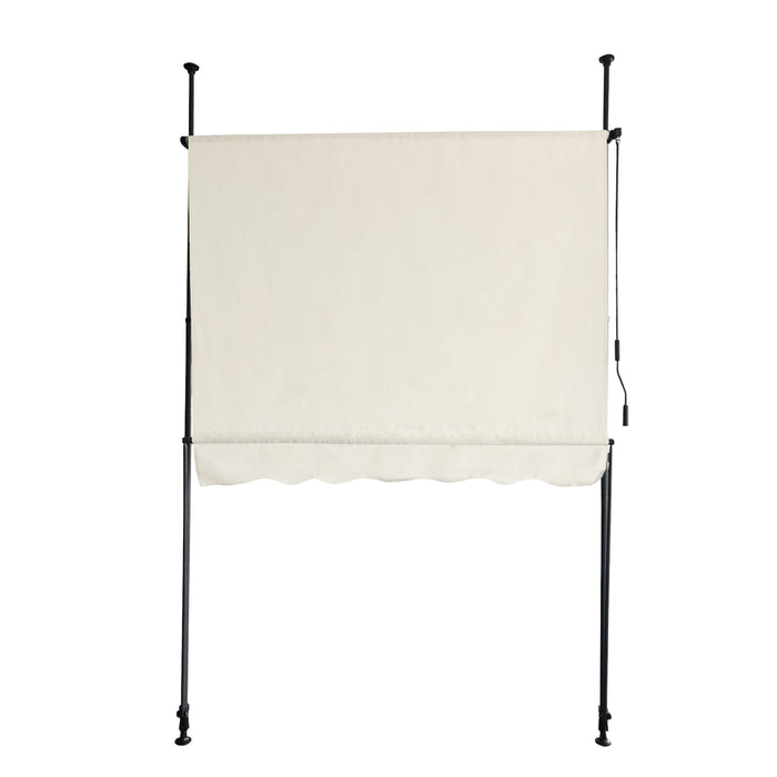 Beige Markise mit Metallgestell, eingeklappt, mit Wellenkante
