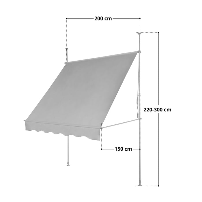 Maße SVITA Klemmmarkise hellgrau: 200 cm Breite, 150 cm Ausladung und 220-300 cm Höhenverstellbarkeit
