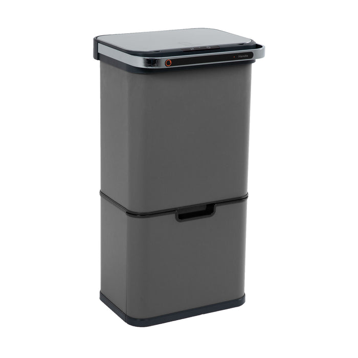Grauer Sensor-Mülleimer 60 Liter mit rechteckiger Form und zwei Fächern, Oberseite mit Deckel und Sensorleiste