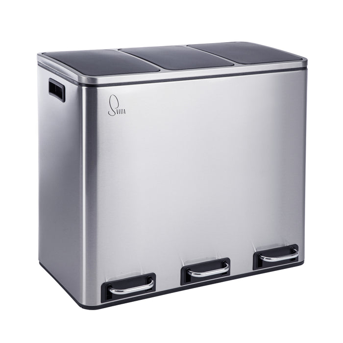 SVITA TM2X30L 3-fach Mülltrennsystem aus Edelstahl mit drei Fußpedalen und schwarzen Deckeln