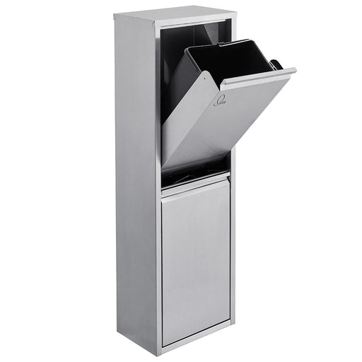 Schmaler, hoher Edelstahl-Mülleimer mit zwei Müllfächern mit Klappöffnung