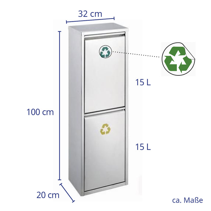 Zweifacher Recyclingbehälter aus Metall mit zwei Fächern à 15 Litern, Maße 100x32x20 cm, obere Klappe mit grünem Recycling-Symbol, untere mit gelbem Recycling-Symbol