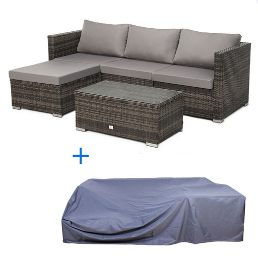Gartenmöbel braune Rattan-Lounge mit Sofa, Tisch und Recamiere darunter die passende Abdeckhaube