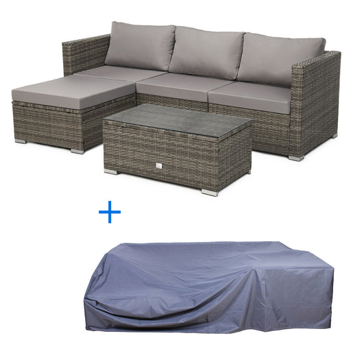 Gartenmöbel graue Rattan-Lounge mit Sofa, Tisch und Recamiere darunter die passende Abdeckhaube
