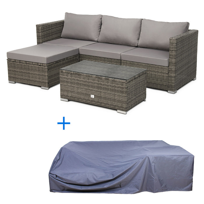 Gartenmöbel graue Rattan-Lounge mit Sofa, Tisch und Recamiere darunter die passende Abdeckhaube