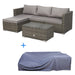 Gartenmöbel graue Rattan-Lounge mit Sofa, Tisch und Recamiere darunter die passende Abdeckhaube