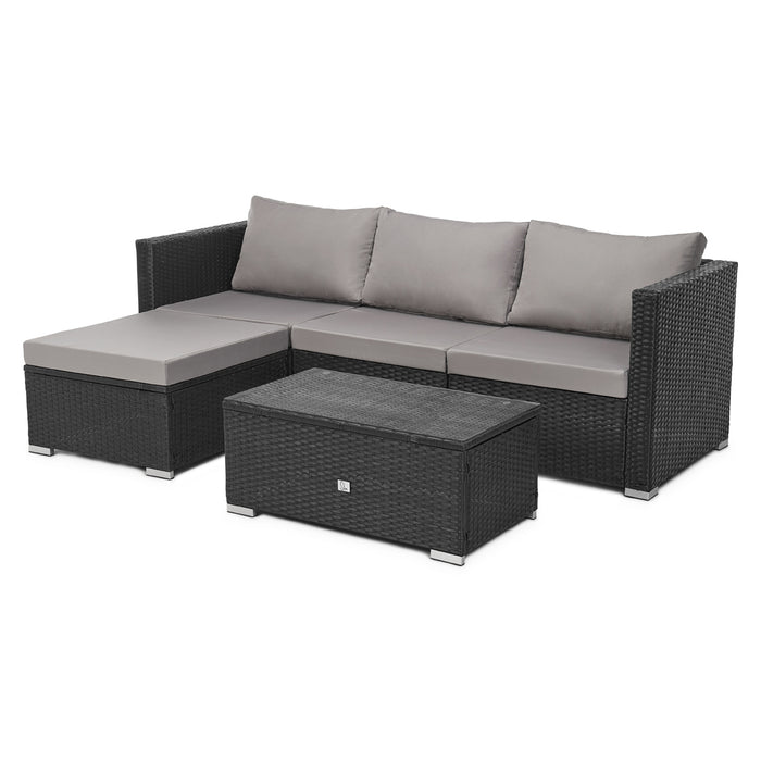 Gartenmöbel schwarze Rattan-Lounge mit Sofa, Tisch und Recamiere