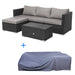 Gartenmöbel schwarze Rattan-Lounge mit Sofa, Tisch und Recamiere darunter die passende Abdeckhaube