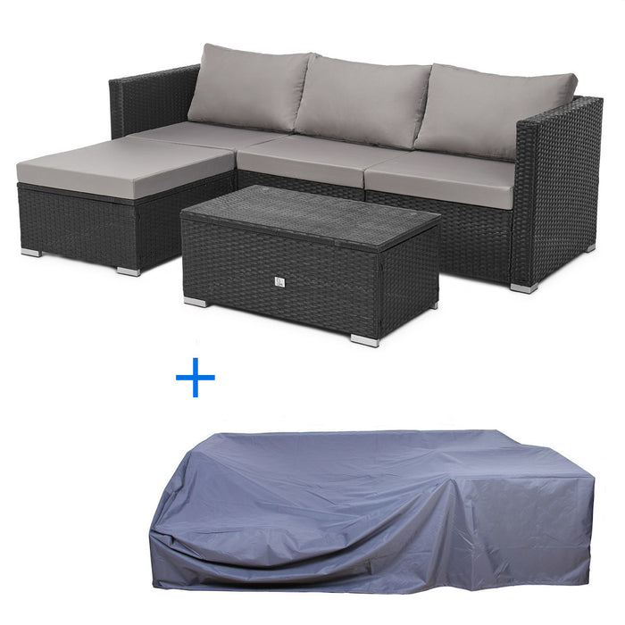 Gartenmöbel schwarze Rattan-Lounge mit Sofa, Tisch und Recamiere darunter die passende Abdeckhaube
