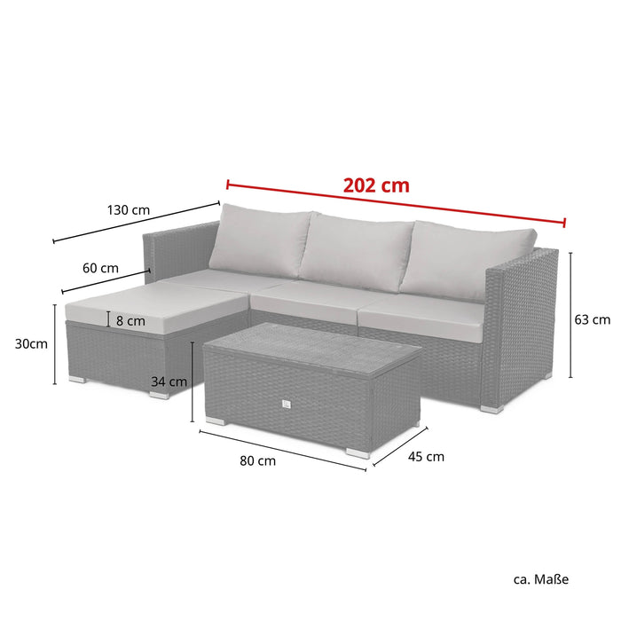 Maße der Rattan-Lounge: 202x130 cm; Sitzhöhe 30 cm; Rückenlehne 63 cm; Polsterdicke 8 cm; Tisch 45x80 cm, Höhe 34 cm