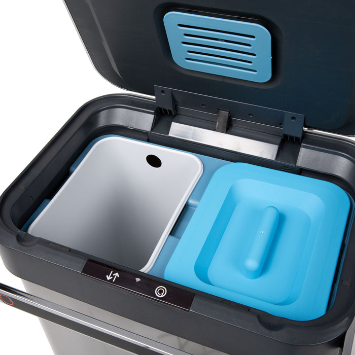 Offener SVITA Sensor Mülleimer 60 Liter silber mit zwei Fächern, eines weiß und eines mit blauem Deckel, silberner Außenrand