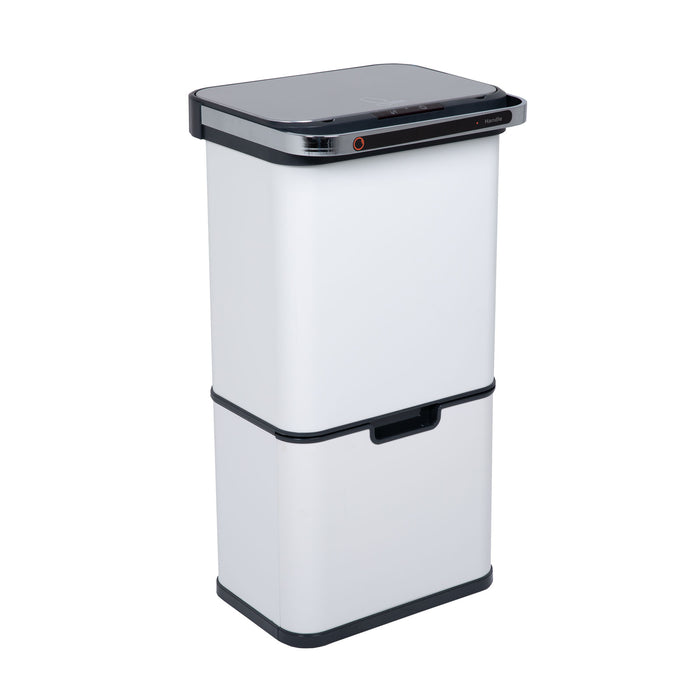 Weißer Sensor-Mülleimer 60 Liter mit rechteckiger Form und zwei Fächern, Oberseite mit Deckel und Sensorleiste