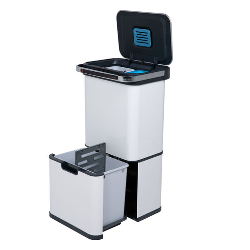 Weißer Sensor Mülleimer 60 Liter mit zwei Fächern oben mit Deckel und einem Auszugfach unten